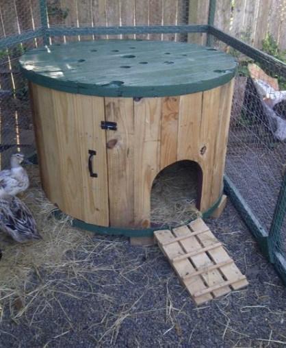 Chicken Coop Made From a Large Wooden Cable Spool