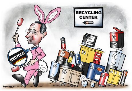 Connecticut governor Dan Malloy dressed as Energizer Bunny leading parade of dead batteries to recycling center