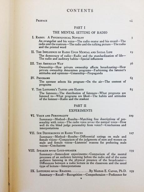 Psychology of Radio (1935), by Hadley Cantril and Gordon Allport. Table of contents. 
