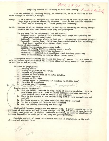 Radio talk on propaganda given by Paul T. Young in 1940. From the Paul T. Young papers. 