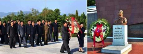DPRK central leadership at the Revolutionary Martyrs' Cemetery (left) and a floral wreath from Kim Jong Un at Kim Cho'ng-suk's memorial at the cemetery on September 22, 2016 (Photos: Rodong Sinmun/KCNA).