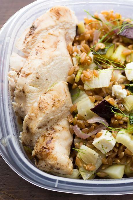 Mediterranean Farro Chicken Lunch Bowls, make a big batch on the weekend and you'll have 4 work lunches ready