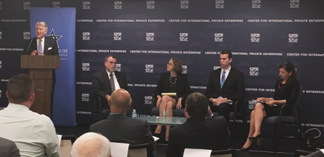 From Left: CIPE Chair Greg Lebedev, with discussion moderator Andrew Wilson, and speakers Alicia Phillips Mandaville, Chris Maloney, and Beth Tritter at the Democracy and Governance event on September 15, 2016.