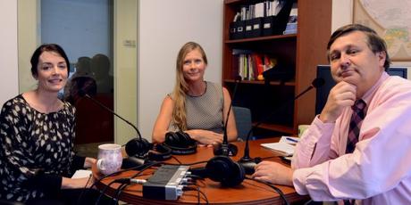 Podcast guest Jenny Anderson (center) with hosts Julie Johnson and Ken Jaques