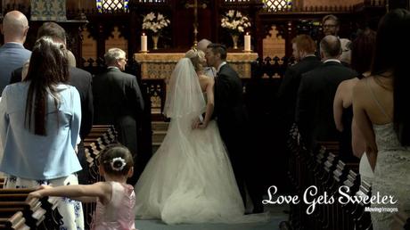 bride and groom sealing it with a kiss at St Marys Sandbach