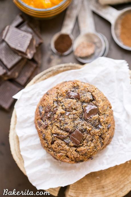 These Pumpkin Chocolate Chunk Cookies are made with browned butter and flavored with cinnamon, nutmeg + cloves! You'll love the big dark chocolate chunks in these gluten-free + grain-free cookies.