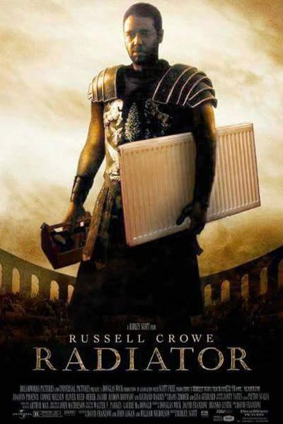 Russell Crowe holding a radiator in the Gladiator pose