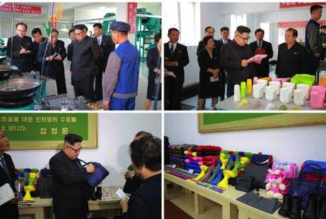 Kim Jong Un looks at products of the factory (Photos: KCNA/Rodong Sinmun).