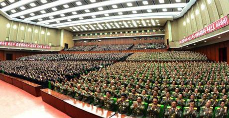 View of the venue and slogans and participants at a central report meeting in Pyongyang on October 7, 2016 to mark the 19th anniversary of Kim Jong Il's election as WPK General Secretary (Photo: Rodong Sinmun).