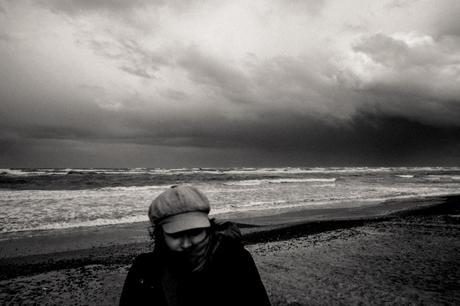 X-T2, the 18mm lens and a very cold Charlene at Thorup Beach as a storm front hits us.