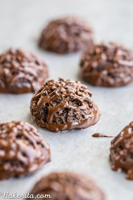 These rich Double Chocolate Macaroons are made super chocolatey with both cocoa powder and melted chocolate. These easy cookies are dipped and drizzled with chocolate, and they're gluten-free, Paleo + vegan.