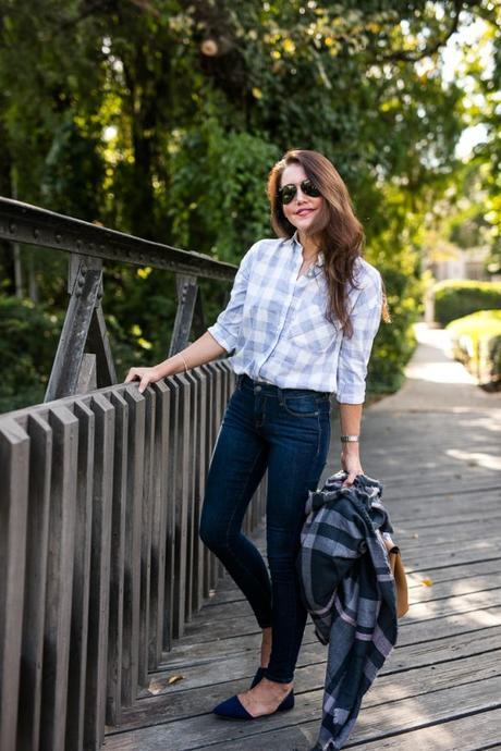 Amy Havins wears fall plaid from Old Navy.