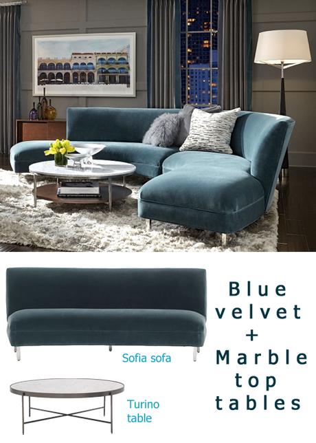 Fall Decor Trends Blue Velvet + Marble Top Tables