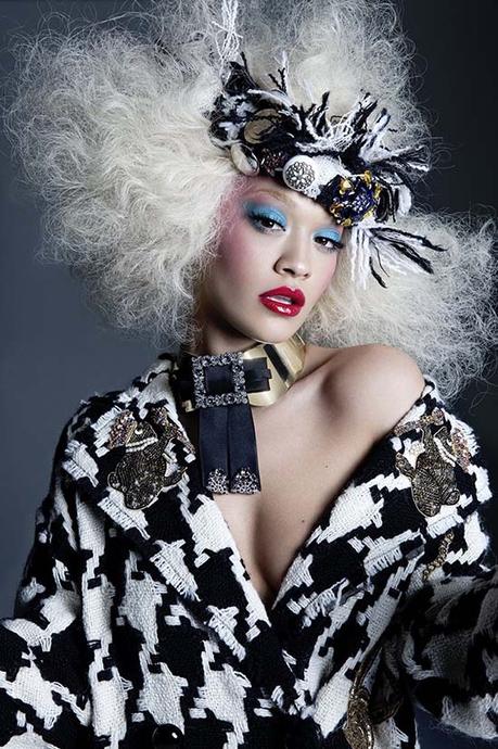 Rita Ora in Dolce & Gabbana coat, necklace and headpiece