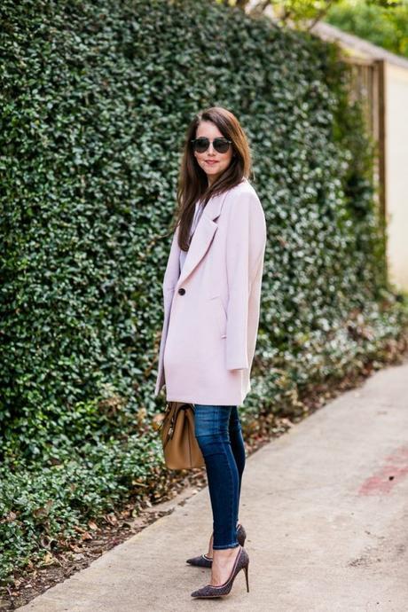 Amy Havins wears a blush coat from old navy with hudson jeans and pumps.