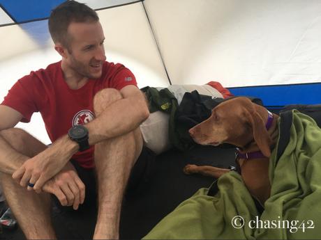 Getting ready in the tent...Looper would rather snuggle up!