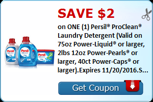 Save $2.00 on ONE (1) Persil® ProClean® Laundry Detergent (Valid on 75oz Power-Liquid® or larger, 2lbs 12oz Power-Pearls® or larger, 40ct Power-Caps® or larger).Expires 11/20/2016.Save $2.00.