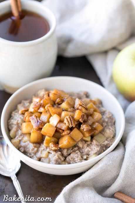This Apple Cinnamon Oatmeal is topped with caramelized apples and crunchy pecans for an irresistible breakfast that's much more decadent than it looks. This breakfast treat is gluten-free, refined sugar free + vegan!