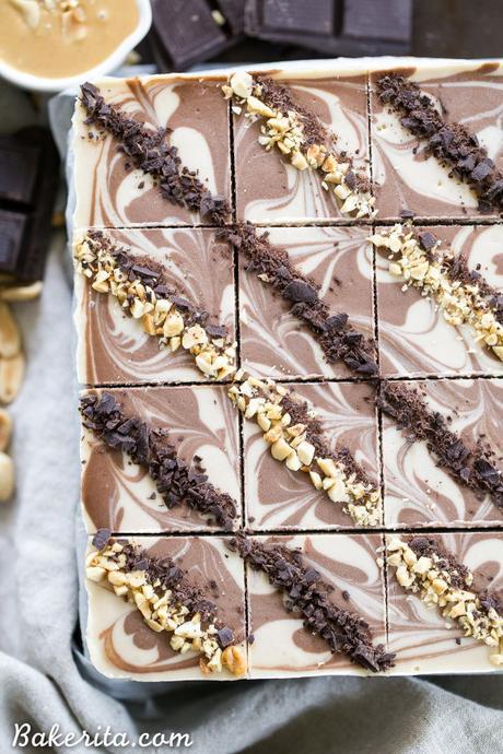 These No-Bake Chocolate Peanut Butter Cheesecake Bars have a peanut date crust and a super creamy cashew-based peanut butter filling - you'd never guess that they're vegan, gluten free, and refined sugar free!