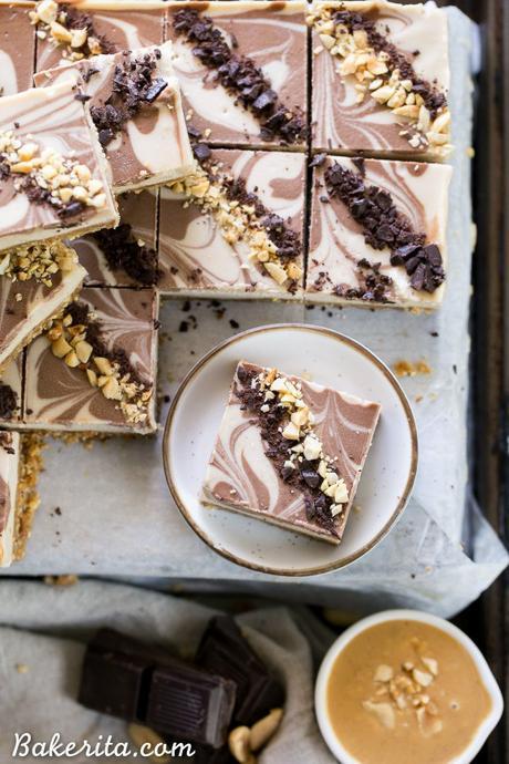 These No-Bake Chocolate Peanut Butter Cheesecake Bars have a peanut date crust and a super creamy cashew-based peanut butter filling - you'd never guess that they're vegan, gluten free, and refined sugar free!