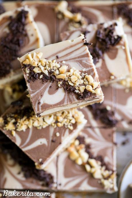 These No-Bake Chocolate Peanut Butter Cheesecake Bars have a peanut date crust and a super creamy cashew-based peanut butter filling - you'd never guess that they're vegan, gluten free, and refined sugar free!