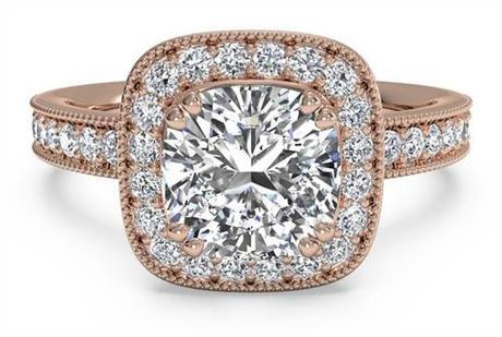 Vintage Cushion Halo Diamond Band Engagement Ring with Surprise Diamonds - in 18kt Rose Gold (0.41 CTW)