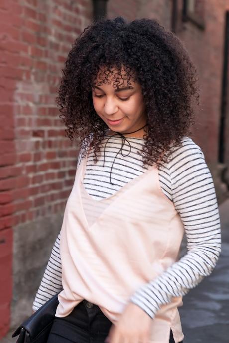 Pink Camisole Layered over Striped Top