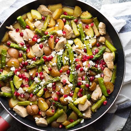 Healthy Balsamic Chicken Skillet with Pomegranates and Feta, a 30 minute, one pot dinner recipe perfect for weeknights!