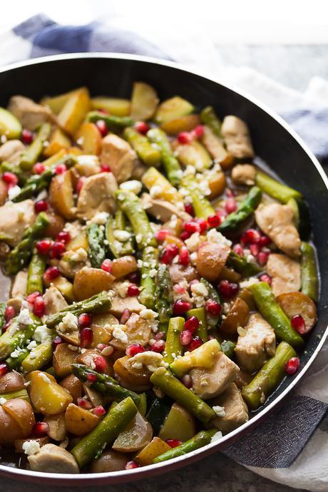 Healthy Balsamic Chicken Skillet with Pomegranates and Feta, a 30 minute, one pot dinner recipe perfect for weeknights!
