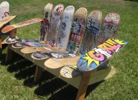 Skateboards repurposed as a bench