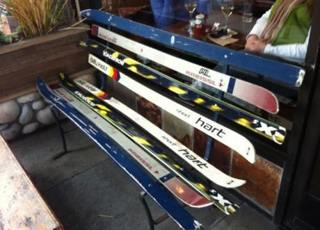 Skis repurposed as a bench