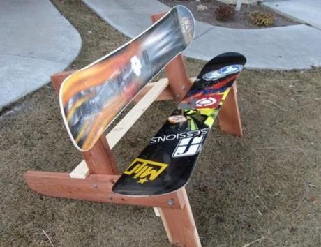 Snowboards repurposed as a bench