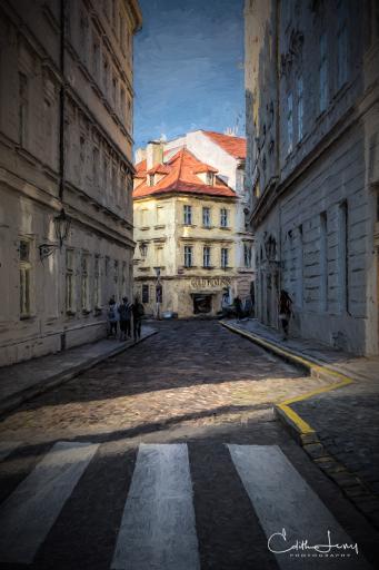 Prague, Czech Republic, street, building, architecture, shadows, light, digital painting, travel photography