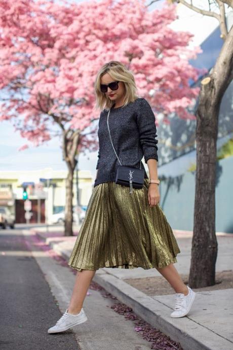 Pleated Metallic Gold Midi Skirt With White Sneakers & YSL Crossbody Bag