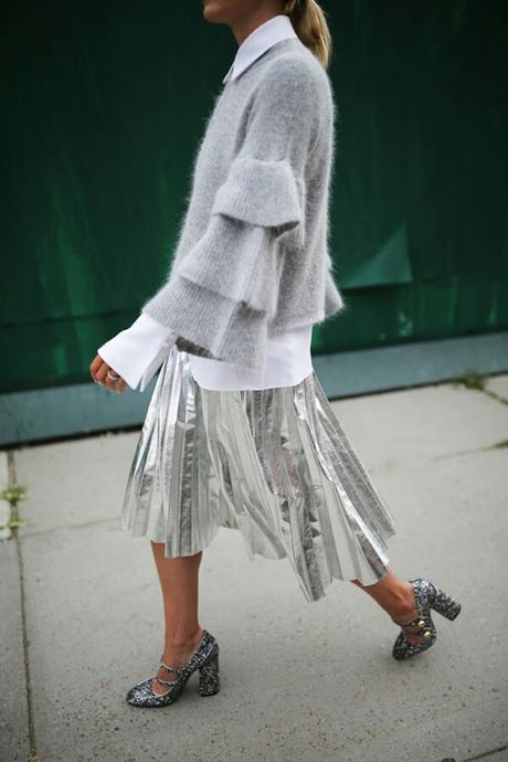 Silver Metallic Pleated Midi Skirt and Layered Bell Sleeve Sweater
