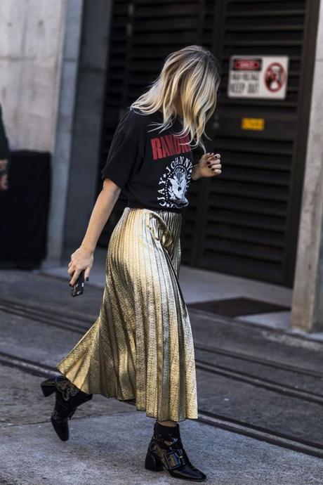 Pair A Graphic Black Tee With A Gold Pleated Maxi Skirt