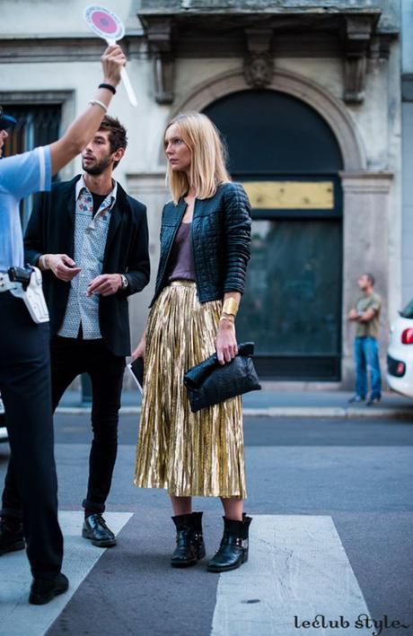 Gold Metallic Accordion Pleat Skirt Street Style