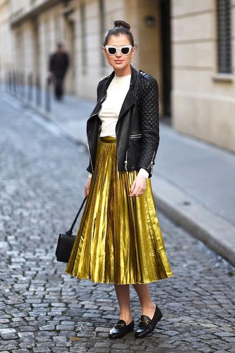 Gold Metallic Pleated Skirt Outfits on Pinterest