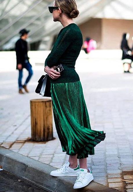 Green Metallic Maxi Skirt WIth Adidas Sneakers