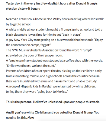 Reports from Every Corner of the Nation of Verbal or Physical Attacks on Members of Vulnerable Minority Communities: What the White Christian Vote Has Wrought