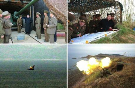 Photos which appeared bottom-right on the first page of the November 11, 2016 edition of Rodong Sinmun show Kim Jong Un inspecting artillery and guiding an exercise (Photos: Rodong Sinmun/KCNA).