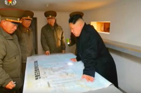 Kim Jong Un reviews a map of military deployments in the West Sea. Also in attendance (L-R) are KPA Artillery Bureau Director Maj. Gen. Pak Cho'ng-cho'n, KPA General Political Department Director VMar Hwang Pyo'ng-so and KPA General Staff Operations Bureau Director Colonel-General Ri Yo'ng-kil (Photo: Korean Central Television).