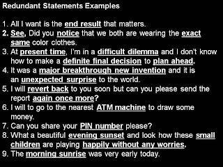 Redundant Statements, Sentences Examples Phrases 