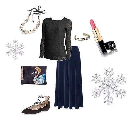 holiday outfit in black and navy