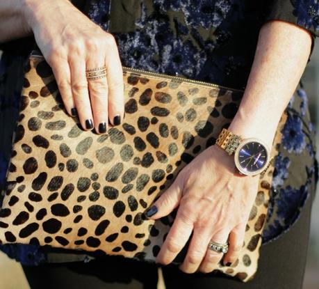 Clare V leopard clutch, Michael Kors watch