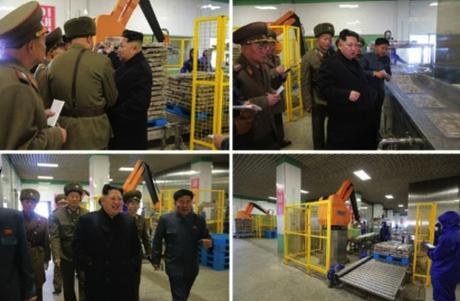 Photos of Kim Jong Un's tour of processing facilities at May 27 Fishery Station which appeared on the top left of page 2 of the November 17, 2016 edition of Rodong Sinmun (Photos: Rodong Sinmun/KCNA).