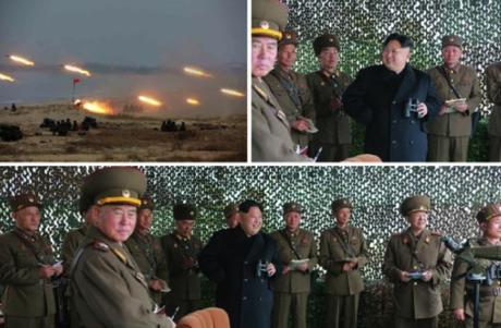 Photos of an MLRS firing contest and Kim Jong Un watching it which appeared bottom-right on the front page of the November 19, 2016 edition of the WPK daily organ Rodong Sinmun (Photos: KCNA/Rodong Sinmun).