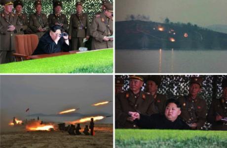 Photos of Kim Jong Un watching an MLRS firing contest which appeared on the bottom-left of the front page of the November 19, 2016 edition of the WPK daily newspaper Rodong Sinmun (Photos: Rodong Sinmun/KCNA).