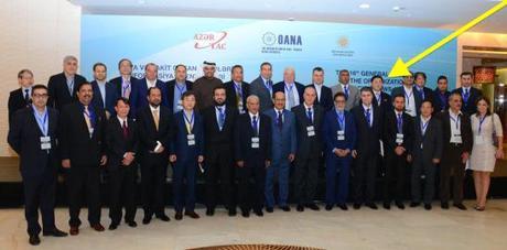 KCNA chief Kim Chang Gwang poses for a photo with other OANA General Assembly participants on November 18, 2016 in Baku