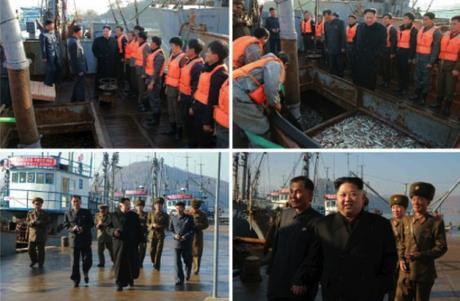 Kim Jong Un greets fishery personnel and walks along the docks at the August 25 Fishery Station in photos which appeared bottom-left of the front page of the November 20, 2016 edition of the WPK daily newspaper Rodong Sinmun (Photos: Rodong Sinmun/KCNA).